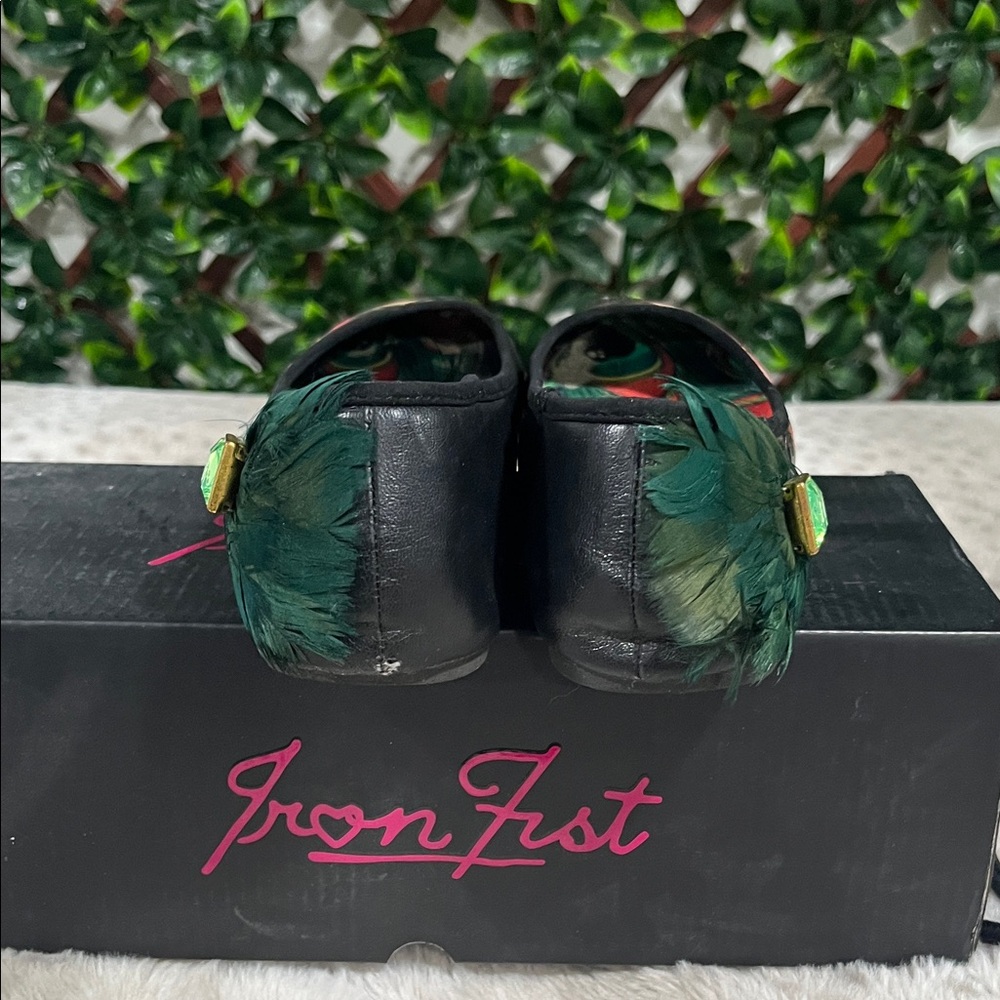 Iron Fist Black Multi Floral Skull Ballet Flats with Green Feather Accent - Picture 4 of 9
